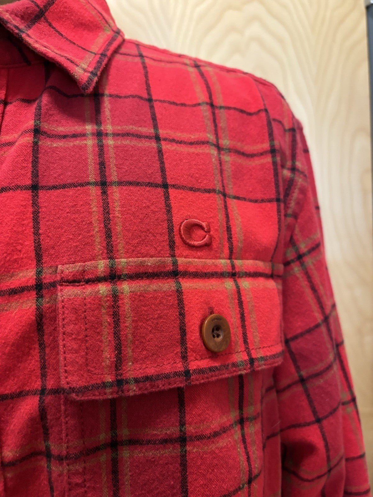 New COACH Designer Sz Large Long Sleeve Button Shirt Flannel Red Plaid (org$350)
