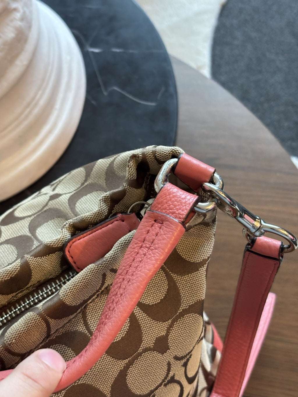 COACH Park Signature Khaki Hobo Handbag Crossbody Orange Pink Leather (org $395)