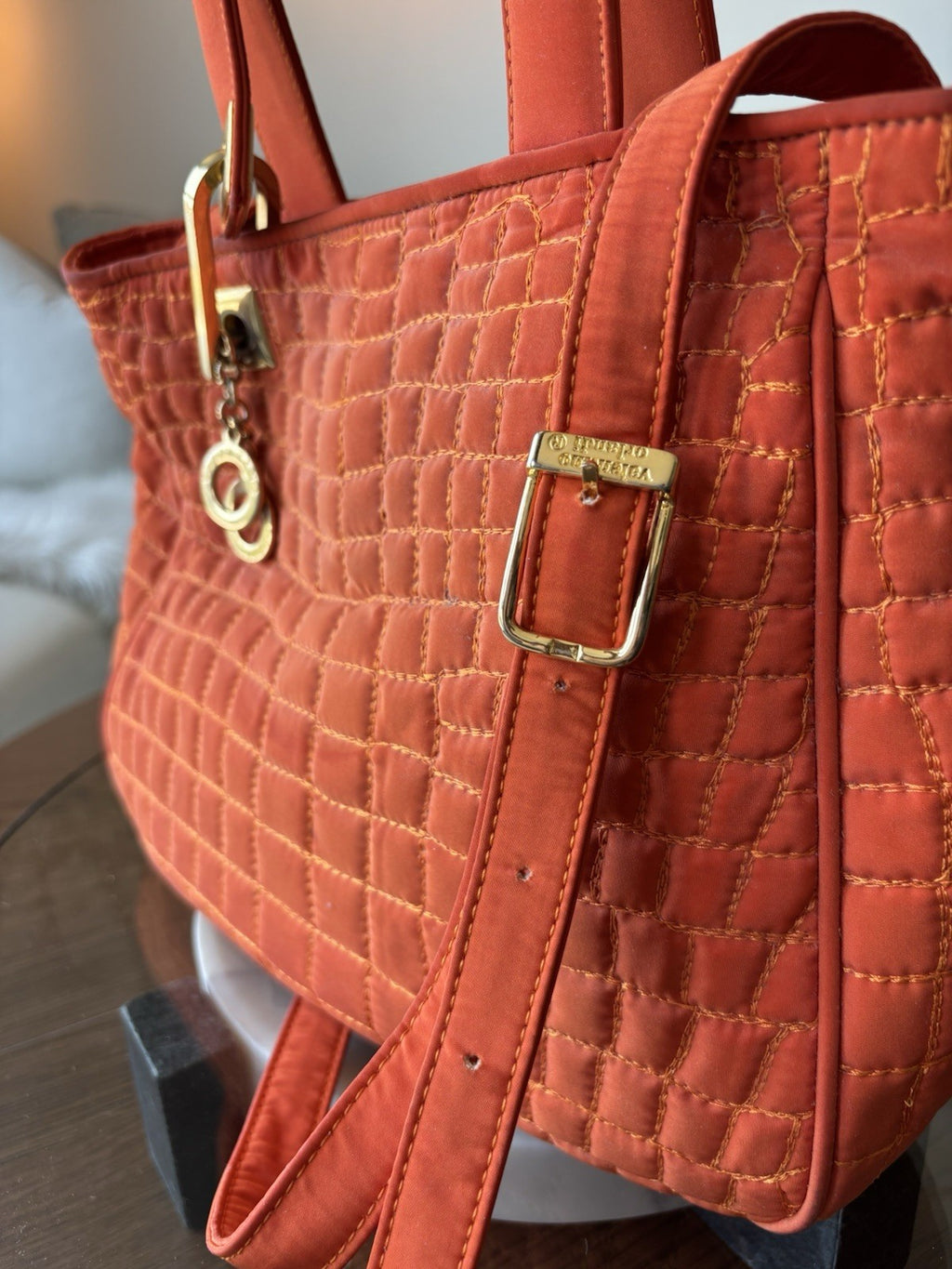 VALENTINO “Orlandi” Orange Quilted Nylon Handbag Gold Charm Italy (org $595.00)