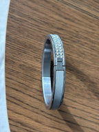 SWAROVSKI “Intervalle” Signed Crystal Leather Bangle Thin Silver Hinged Bracelet