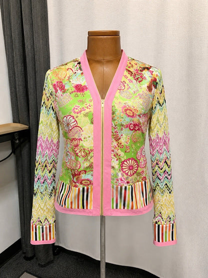 LILLIE RUBIN Vintage 2001 Y2K Fairy Floral Top XL Crinkle Bell Sleeve Zip Blouse