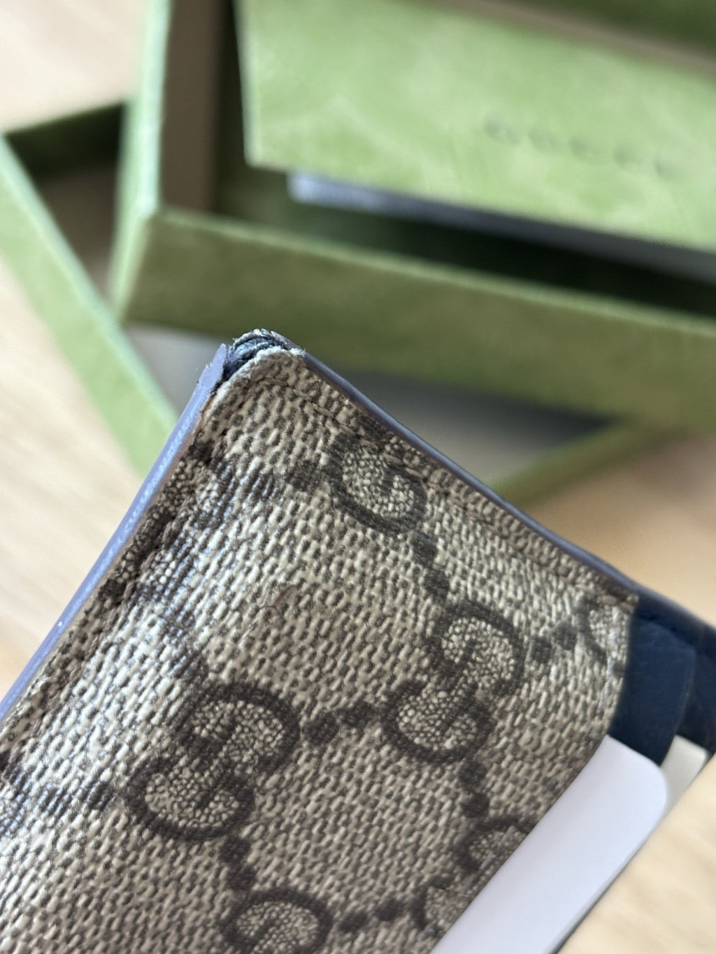 GUCCI Supreme GG Card Holder Beige Ebony Canvas Blue Leather 768248 (org $285)