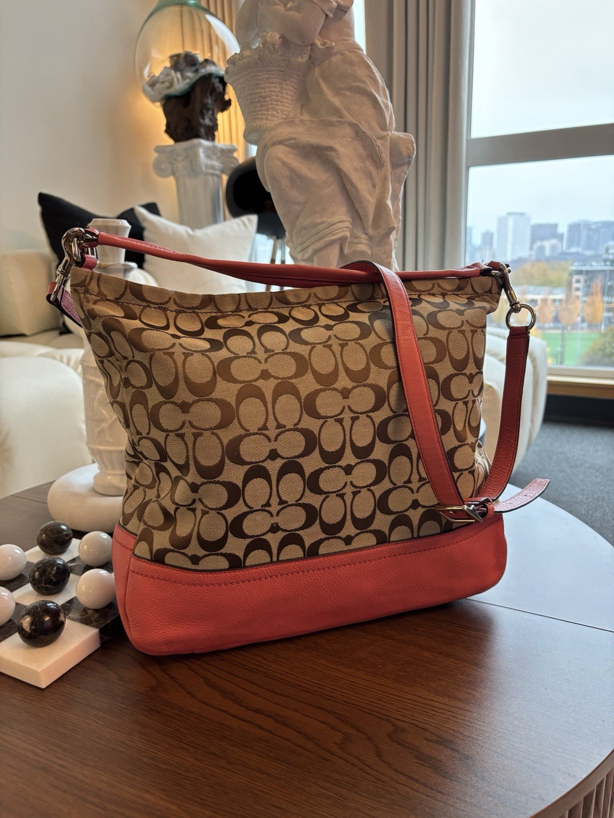 COACH Park Signature Khaki Hobo Handbag Crossbody Orange Pink Leather (org $395)