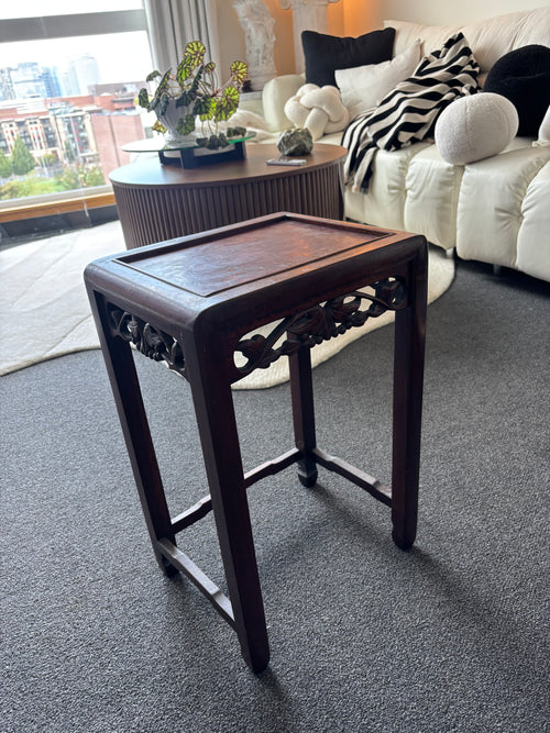 1908 VINTAGE Chinese Rosewood Pedestal Stand Carved Hardwood Plant Tea Side Table Chinoiserie