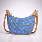 LV Print Crossbody Bag with Champagne Gold Hardware Light Blue Washed Denim