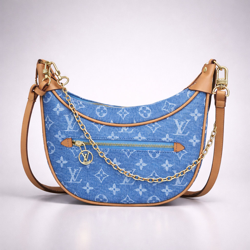 LV Print Crossbody Bag with Champagne Gold Hardware Light Blue Washed Denim