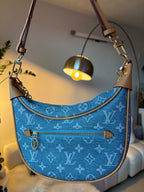 LV Print Crossbody Bag with Champagne Gold Hardware Light Blue Washed Denim