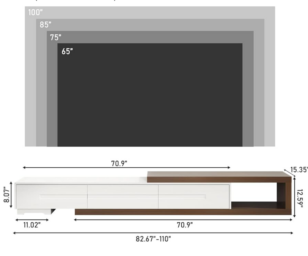 MODERN Adjustable TV Stand Media Console White Walnut Storage Extendable 82–110” (org $250)