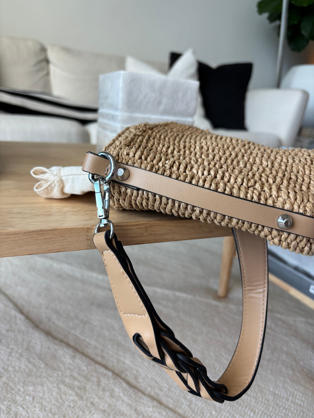 PRADA Milano Woven Raffia Straw Bucket Crossbody Bag Tan Braided Strap