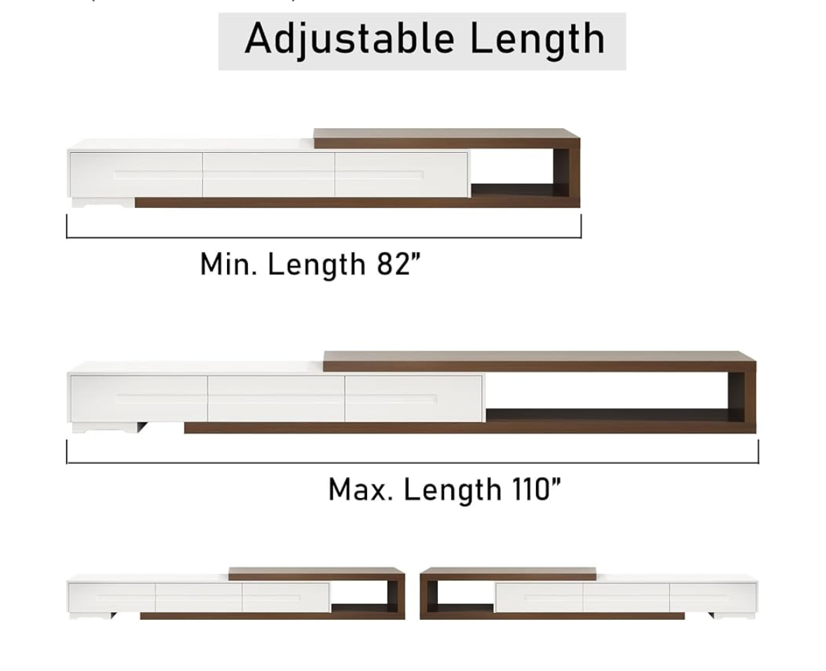 MODERN Adjustable TV Stand Media Console White Walnut Storage Extendable 82–110” (org $250)