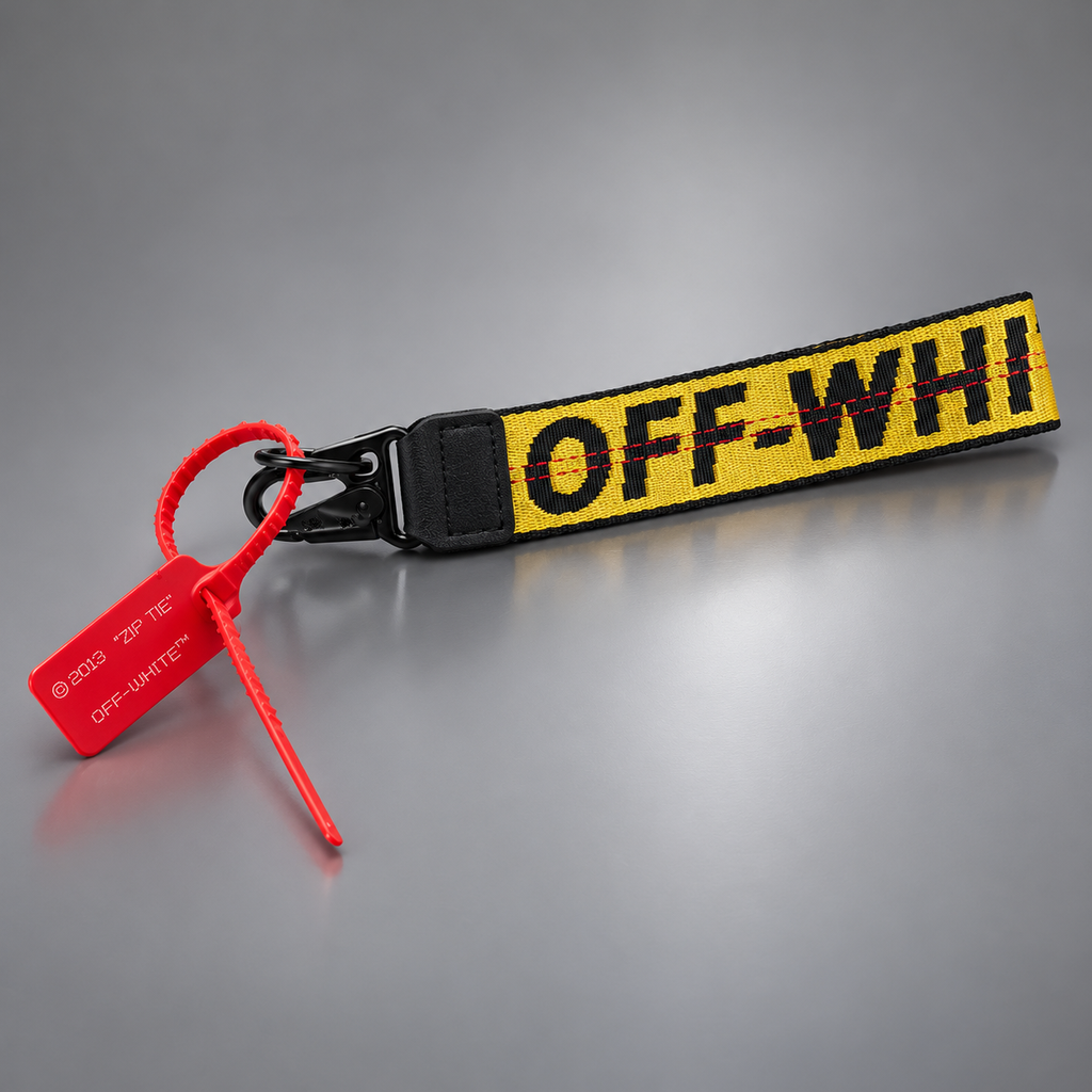 OFF-WHITE Industrial Keychain Yellow Logo Webbing Red Zip Tie Virgil Abloh