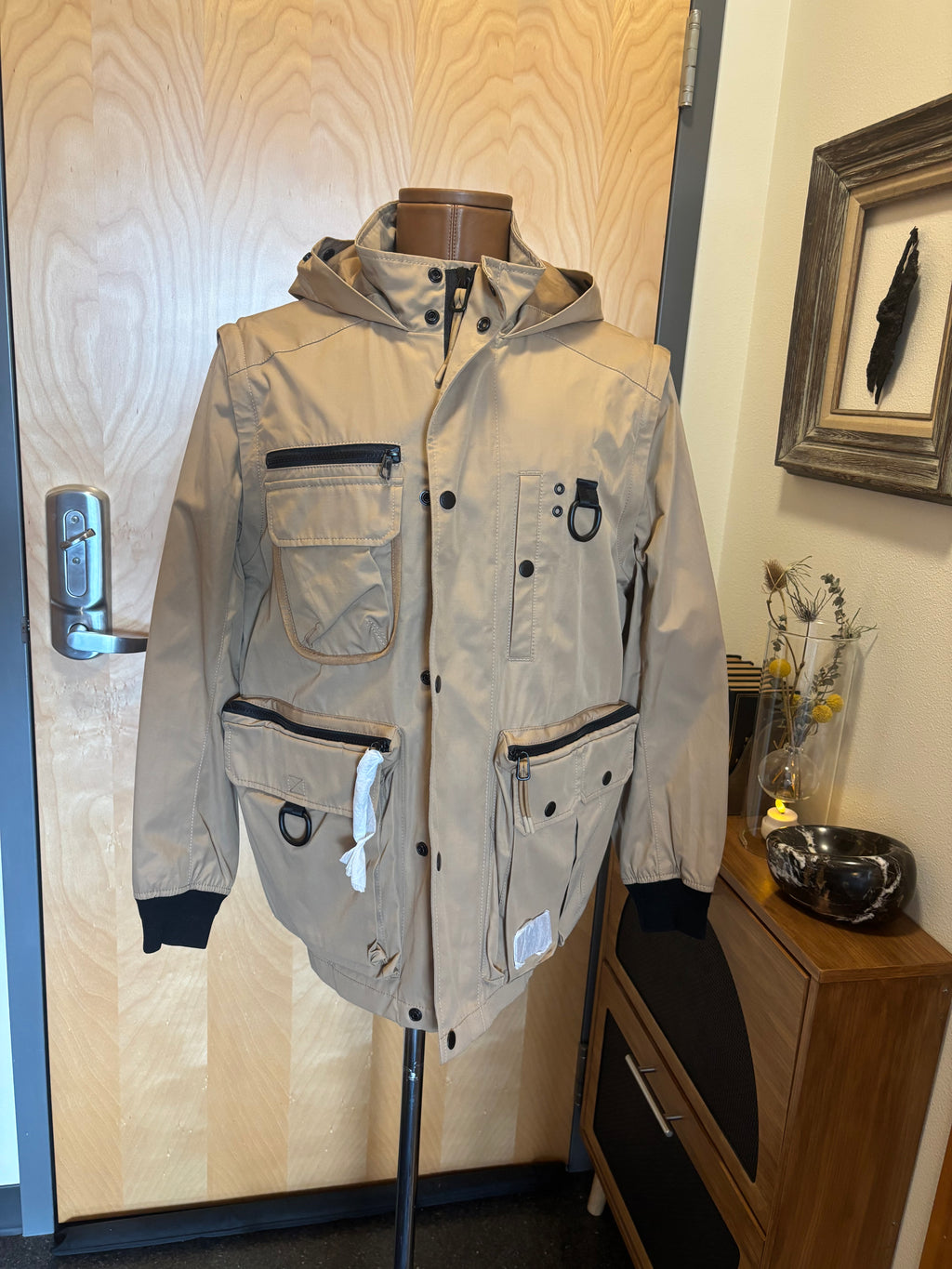 COACH Utility Jacket Khaki Tan Hooded Field Coat Leather Trim Pocket (org $695)