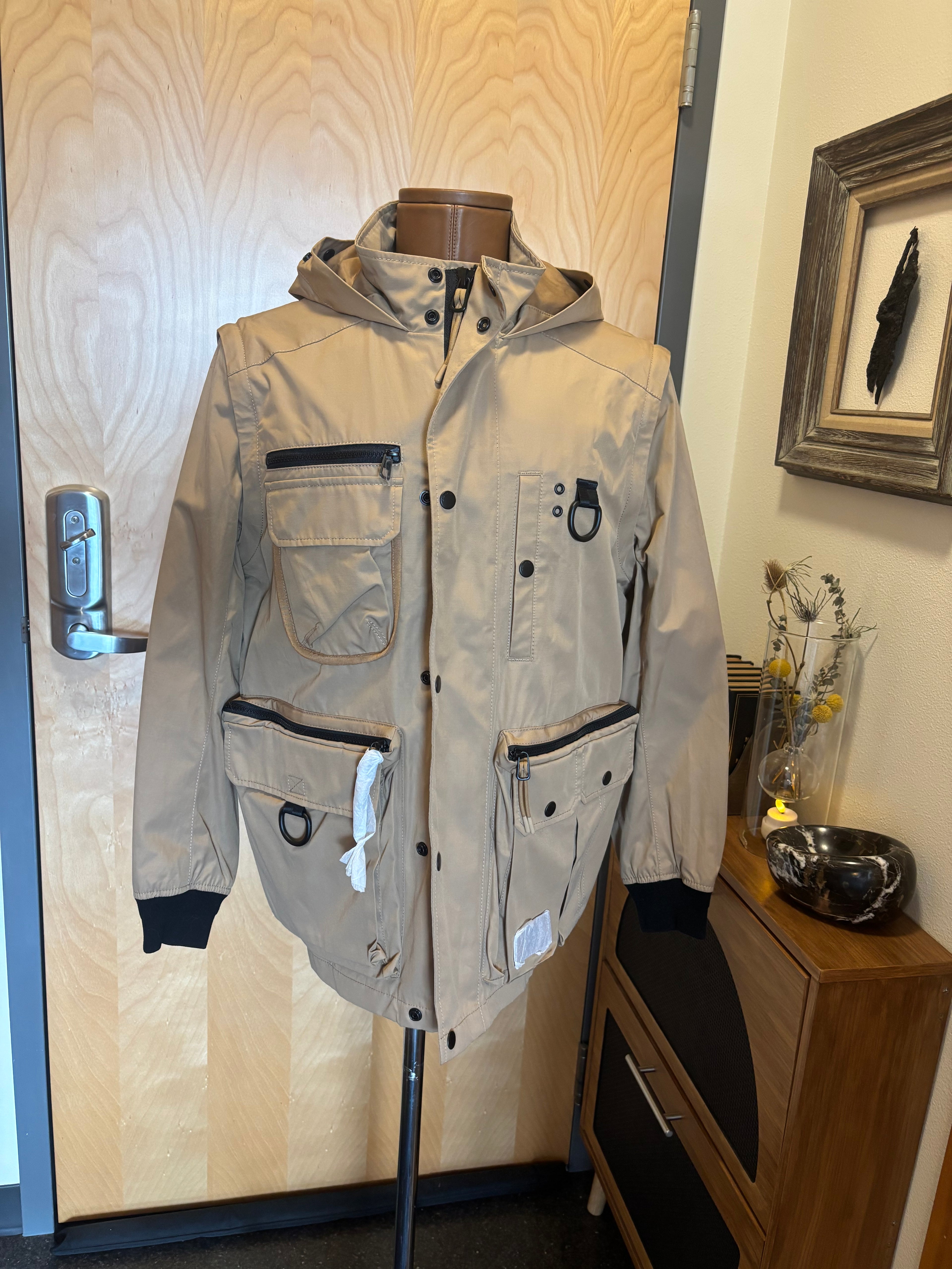 COACH Utility Jacket Khaki Tan Hooded Field Coat Leather Trim Pocket (org $695)