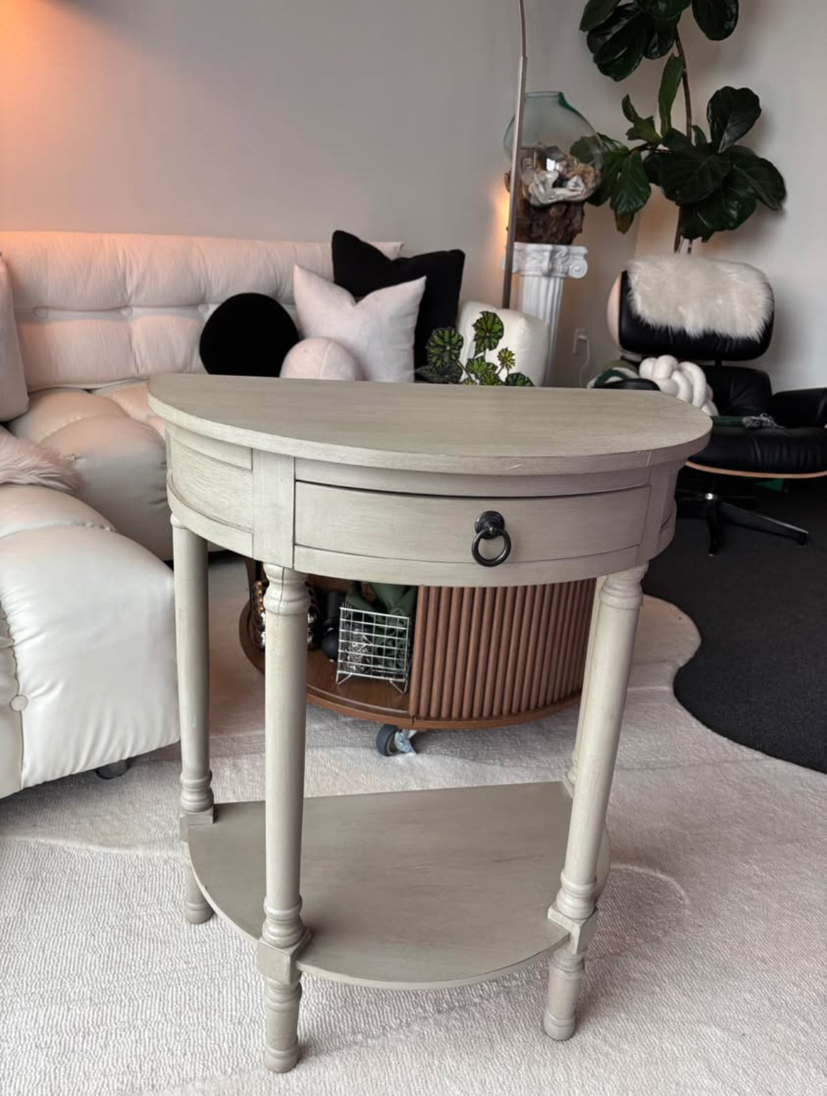 Half Moon Entry Side Table With Drawer Natural Fog / Elephant
Grey Wood (org $395)