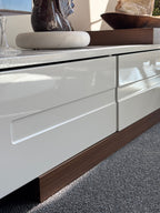 MODERN Adjustable TV Stand Media Console White Walnut Storage Extendable 82–110” (org $250)