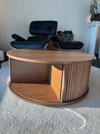 MCM Round Oak Wood Coffee Table 31.5” Fluted Storage Lift Top Hidden Drawer Modern
