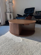 MCM Round Oak Wood Coffee Table 31.5” Fluted Storage Lift Top Hidden Drawer Modern