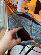 LV Print Crossbody Bag with Champagne Gold Hardware Light Blue Washed Denim