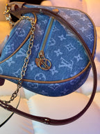 LV Print Crossbody Bag with Champagne Gold Hardware Light Blue Washed Denim