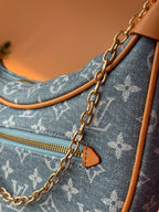 LV Print Crossbody Bag with Champagne Gold Hardware Light Blue Washed Denim