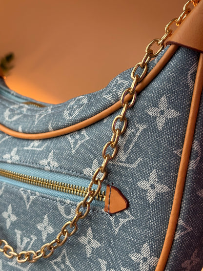 LV Print Crossbody Bag with Champagne Gold Hardware Light Blue Washed Denim