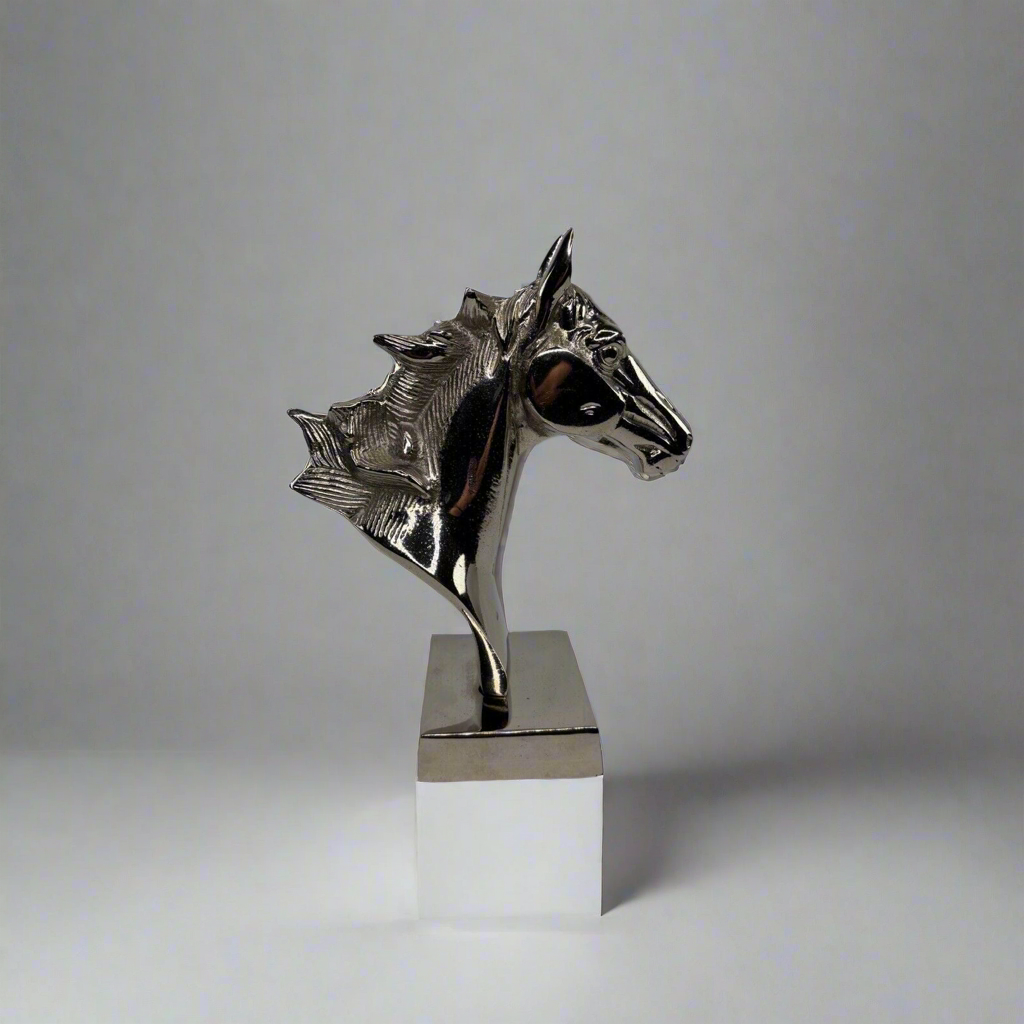 Pewter Silver Metal Horse Head Shiny Figurine Statue on Stand Decorative Bust