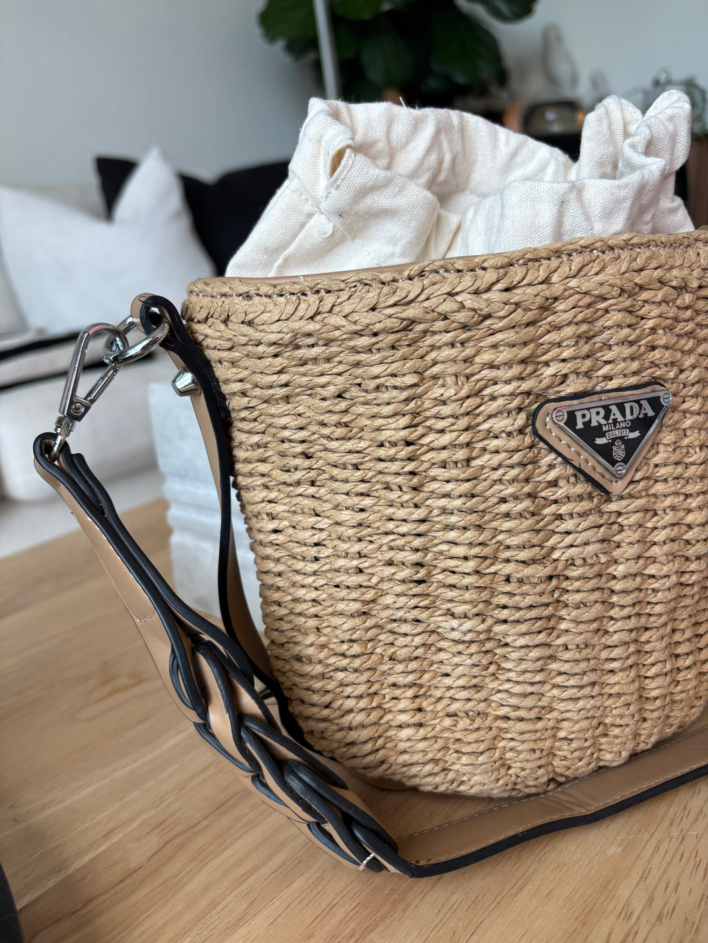 PRADA Milano Woven Raffia Straw Bucket Crossbody Bag Tan Braided Strap