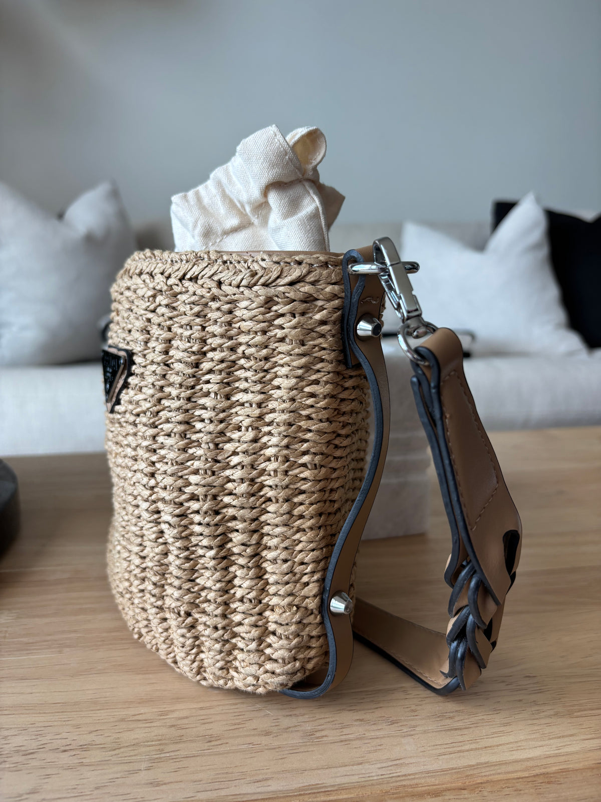PRADA Milano Woven Raffia Straw Bucket Crossbody Bag Tan Braided Strap