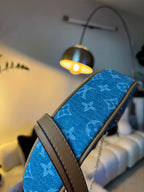 LV Print Crossbody Bag with Champagne Gold Hardware Light Blue Washed Denim