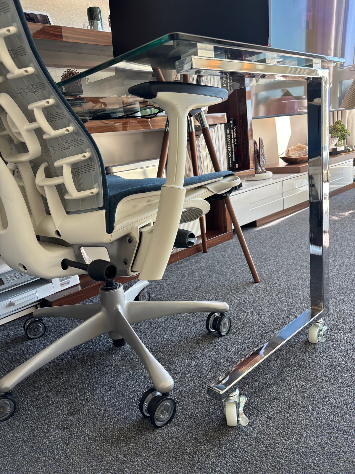 RACELOMA Modern Swivel Writing Desk Bookshelf Walnut Wood Glass/Chrome $1669