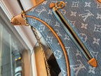 LV Print Crossbody Bag with Champagne Gold Hardware Light Blue Washed Denim