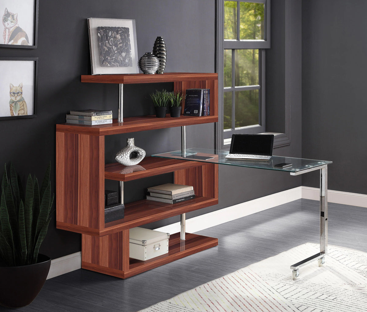 RACELOMA Modern Swivel Writing Desk Bookshelf Walnut Wood Glass/Chrome $1669