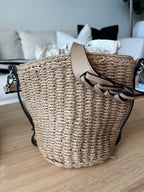 PRADA Milano Woven Raffia Straw Bucket Crossbody Bag Tan Braided Strap