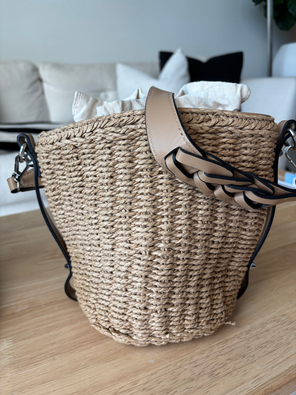 PRADA Milano Woven Raffia Straw Bucket Crossbody Bag Tan Braided Strap