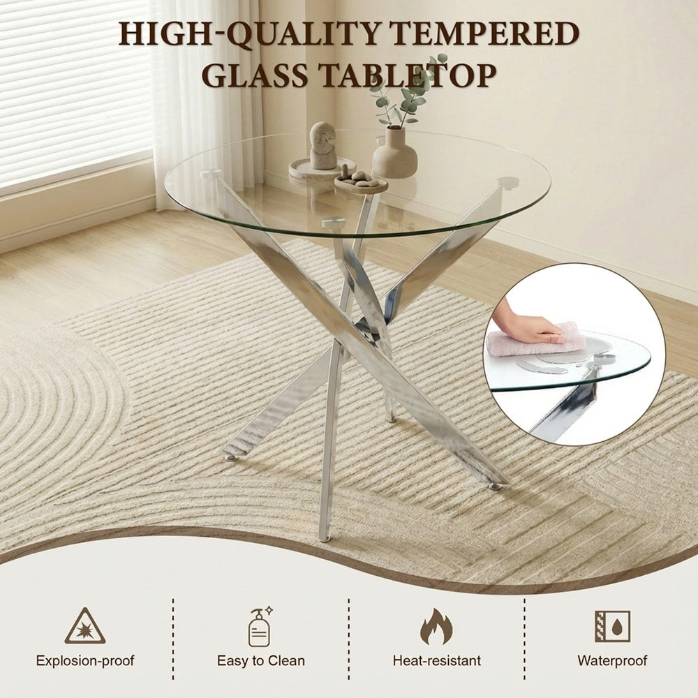 MODERN Chrome Round Glass Dining Table 35.5” Sculptural Base Contemporary Decor