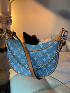 LV Print Crossbody Bag with Champagne Gold Hardware Light Blue Washed Denim
