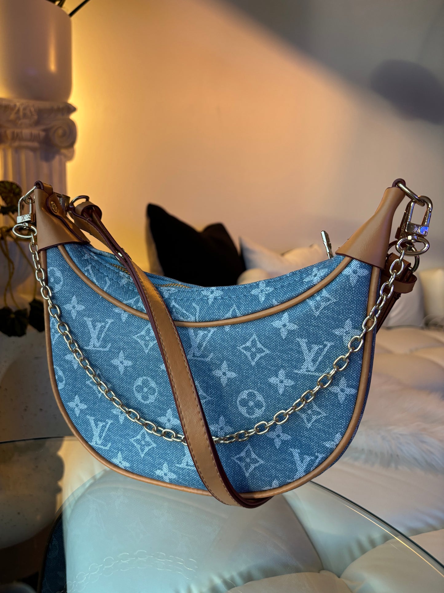 LV Print Crossbody Bag with Champagne Gold Hardware Light Blue Washed Denim