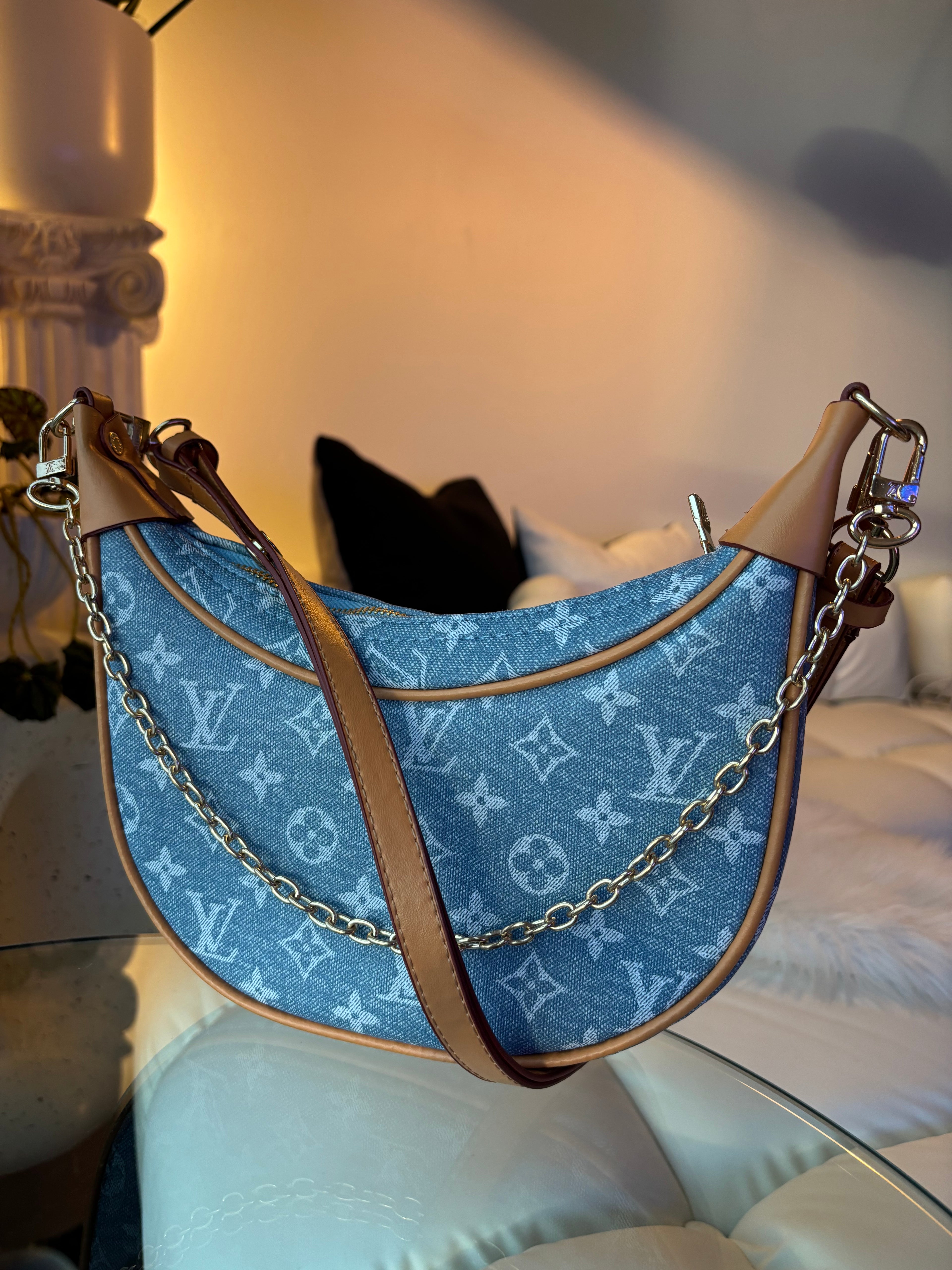 LV Print Crossbody Bag with Champagne Gold Hardware Light Blue Washed Denim