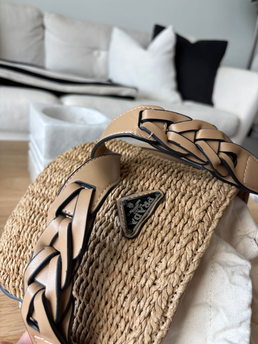 PRADA Milano Woven Raffia Straw Bucket Crossbody Bag Tan Braided Strap