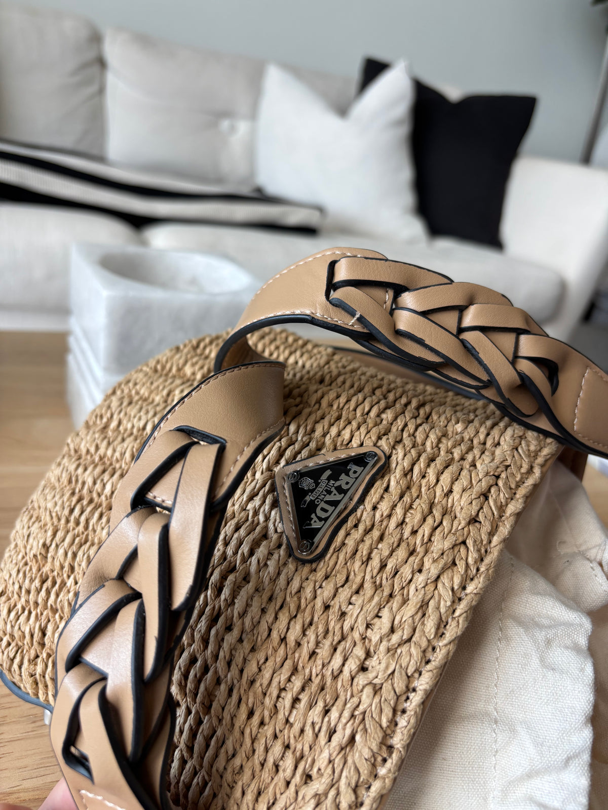 PRADA Milano Woven Raffia Straw Bucket Crossbody Bag Tan Braided Strap