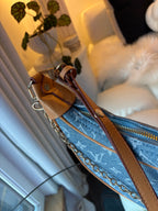 LV Print Crossbody Bag with Champagne Gold Hardware Light Blue Washed Denim