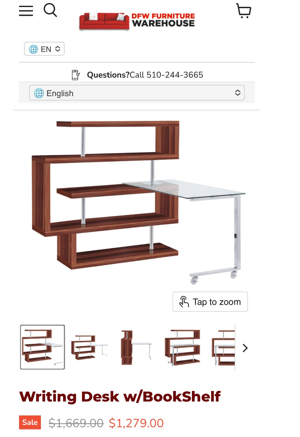 RACELOMA Modern Swivel Writing Desk Bookshelf Walnut Wood Glass/Chrome $1669