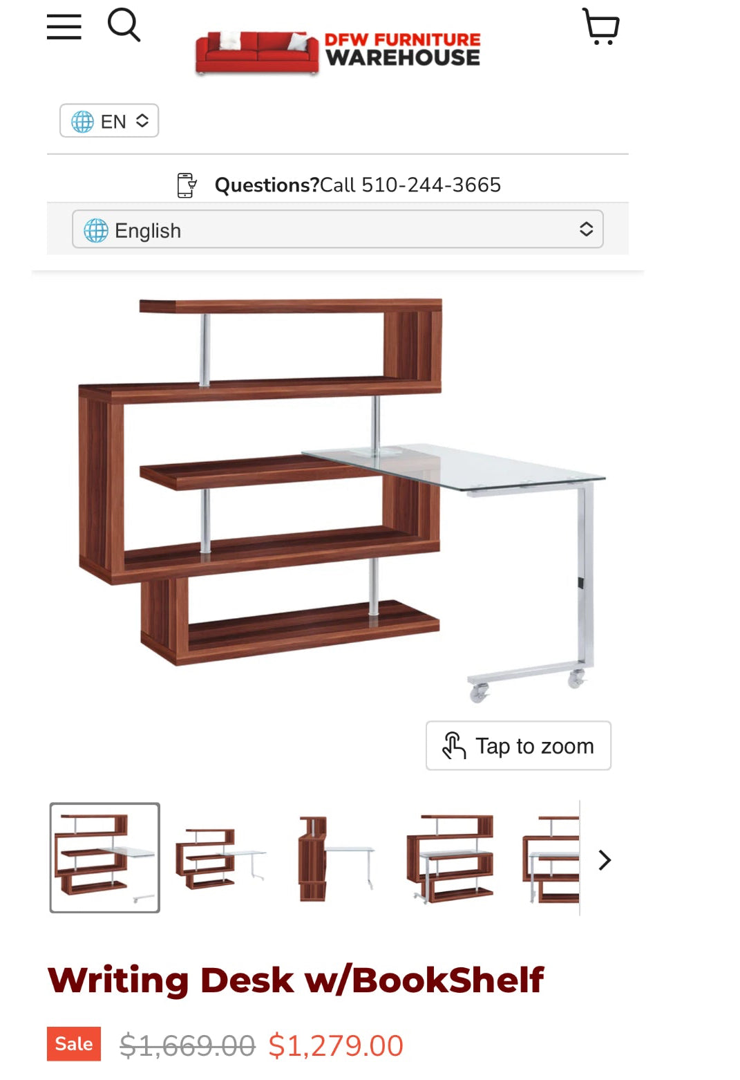 RACELOMA Modern Swivel Writing Desk Bookshelf Walnut Wood Glass/Chrome $1669