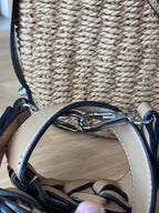 PRADA Milano Woven Raffia Straw Bucket Crossbody Bag Tan Braided Strap