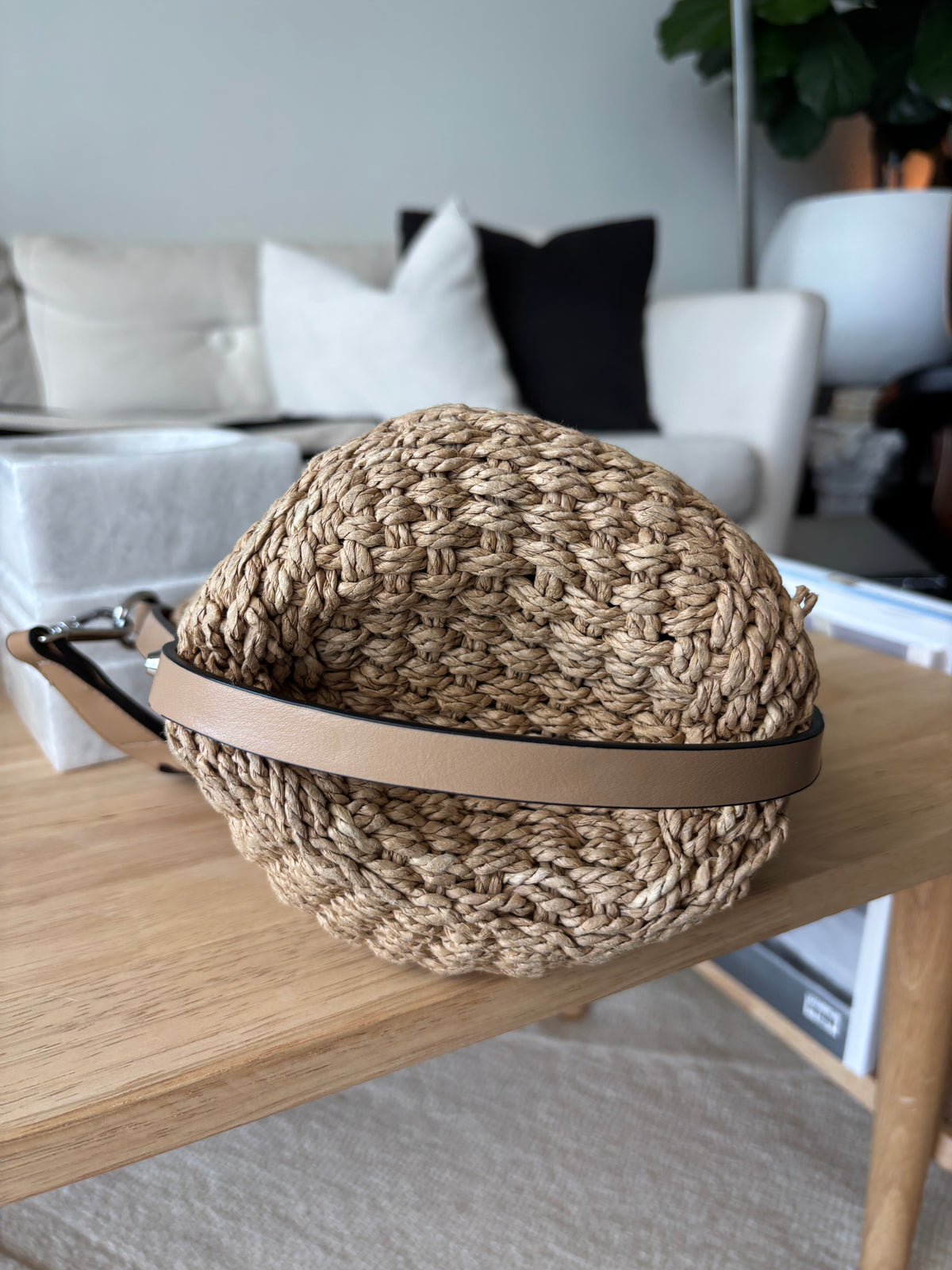 PRADA Milano Woven Raffia Straw Bucket Crossbody Bag Tan Braided Strap