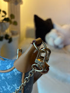 LV Print Crossbody Bag with Champagne Gold Hardware Light Blue Washed Denim