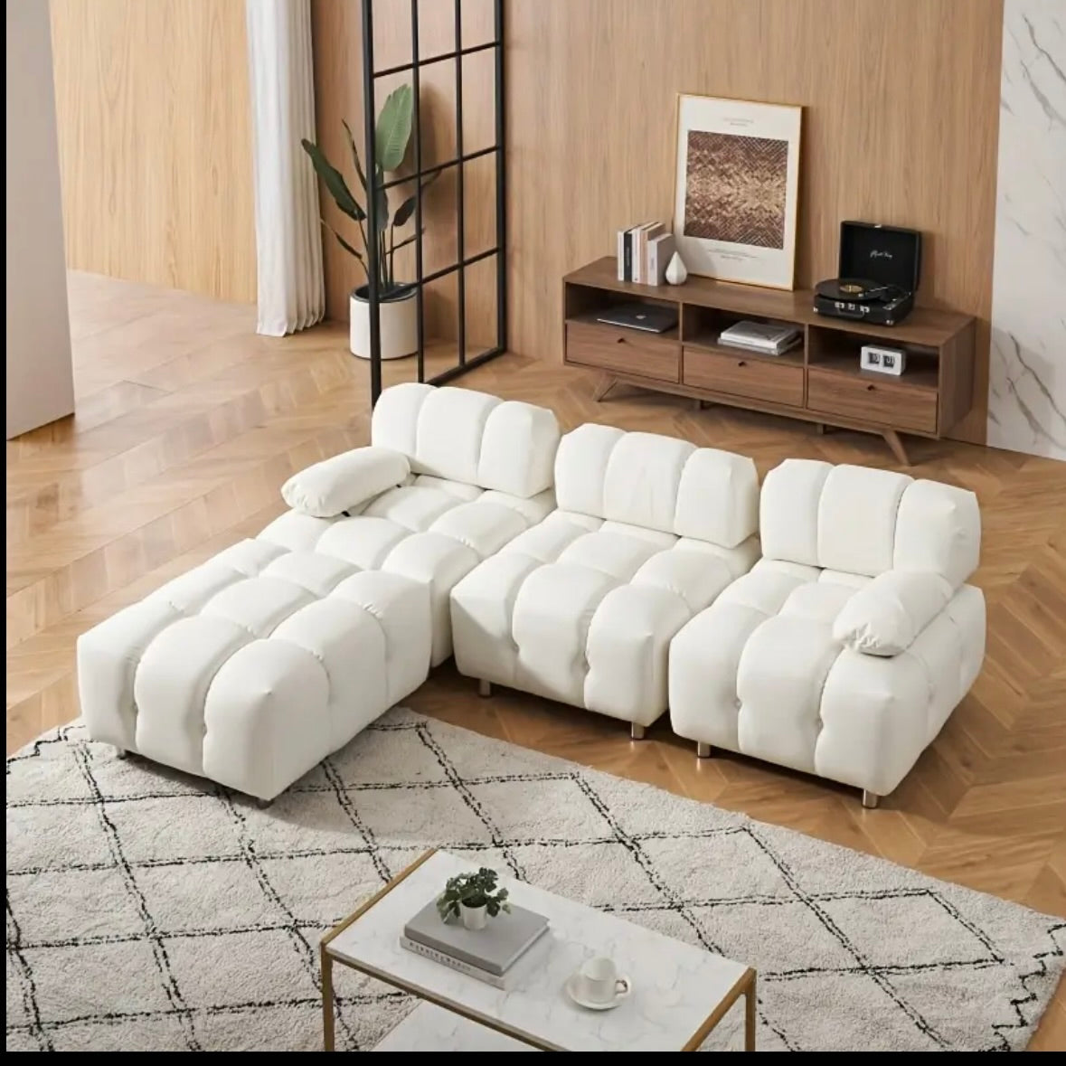 CLOUD Modular Sectional Sofa with Ottoman White Quilted Chrome Legs