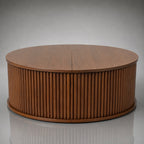 MCM Round Oak Wood Coffee Table 31.5” Fluted Storage Lift Top Hidden Drawer Modern