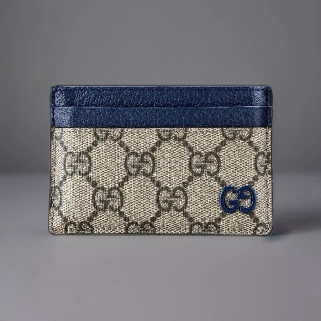 GUCCI Supreme GG Card Holder Beige Ebony Canvas Blue Leather 768248 (org $285)