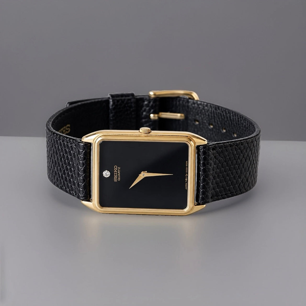 SEIKO Vintage Real Diamond Watch Black/Gold Mens 18mm Leather Snake Adjustable
